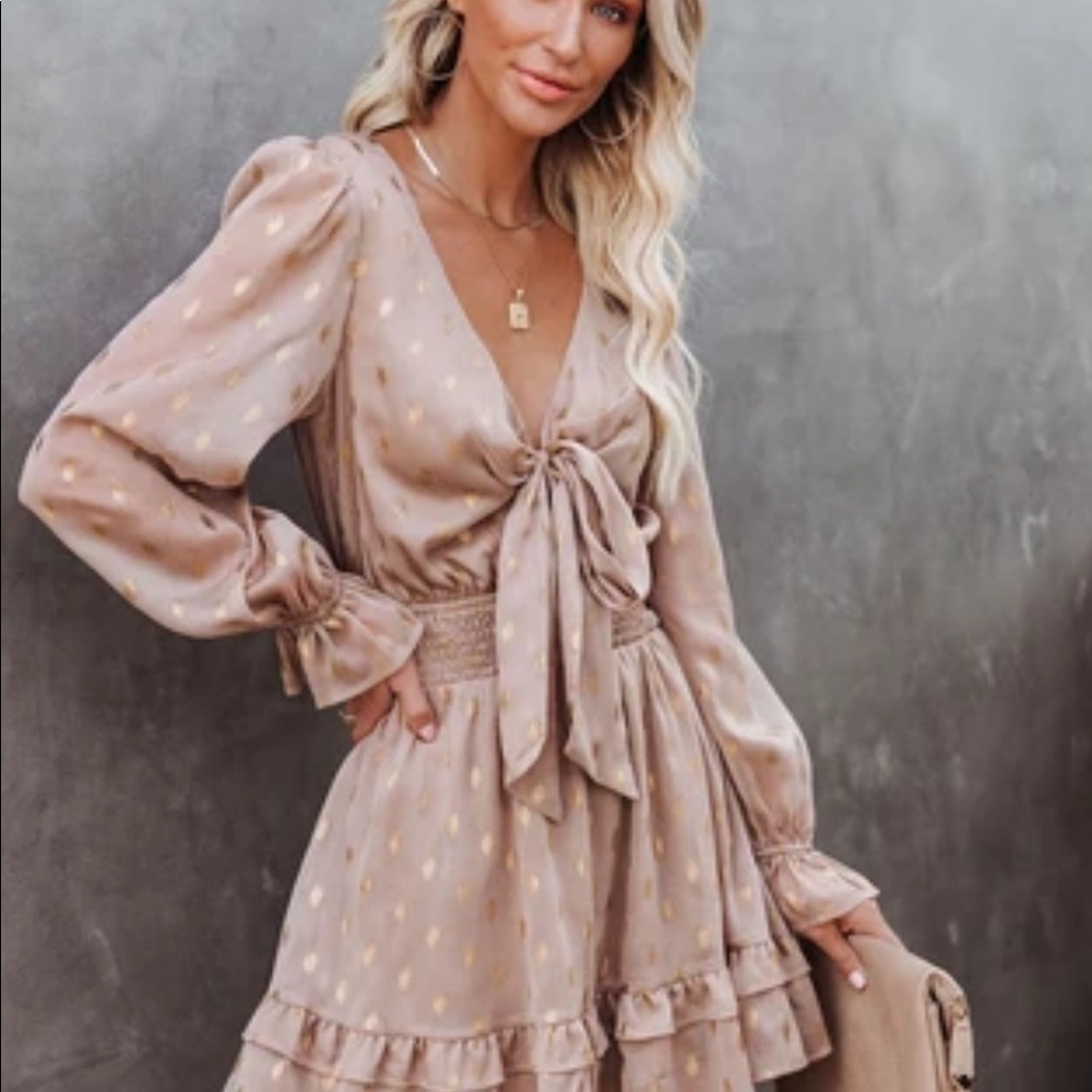 Smocked metallic tie dress in latte